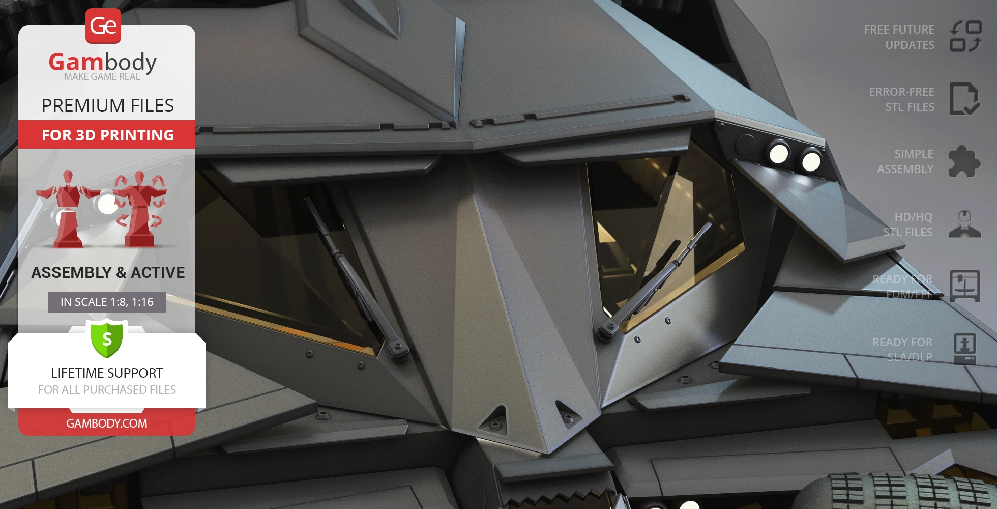 Close-up of a detailed Tumbler vehicle model from 'Dark Knight' for 3D printing, featured on Gambody.