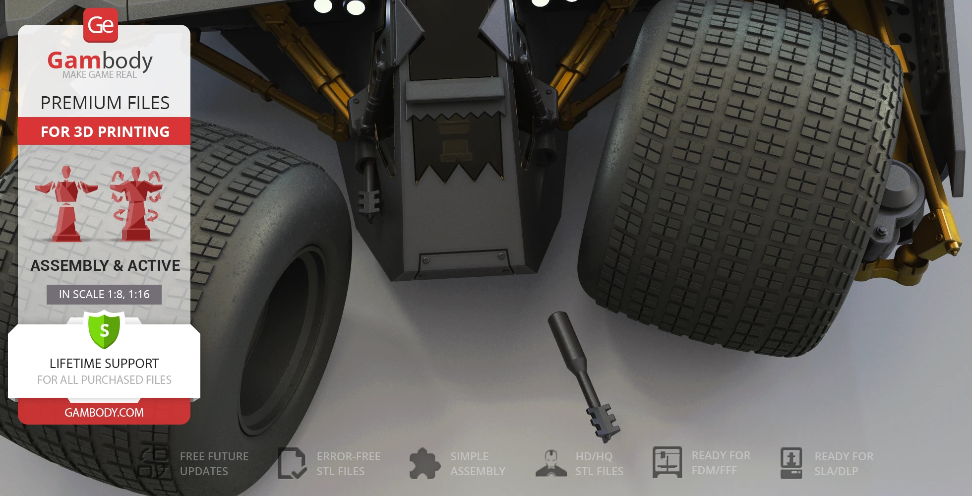 Close-up of Tumbler Batmobile tires, showcasing 3D printable model details and assembly information.