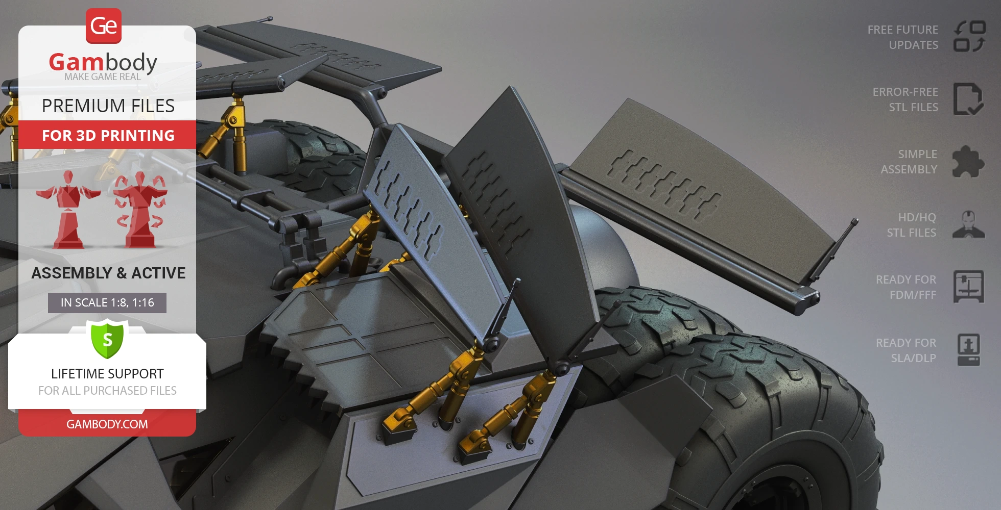 3D model of the Tumbler from 'The Dark Knight' with detailed features for 3D printing.