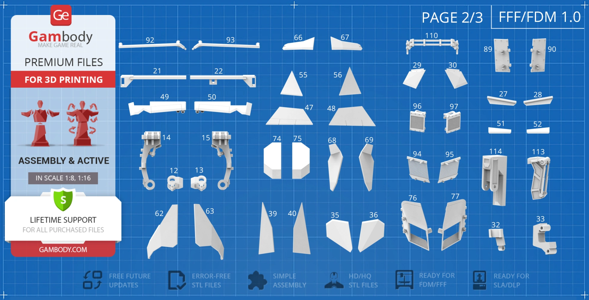 Blueprint-style layout of Tumbler car parts for 3D printing, labeled for assembly.