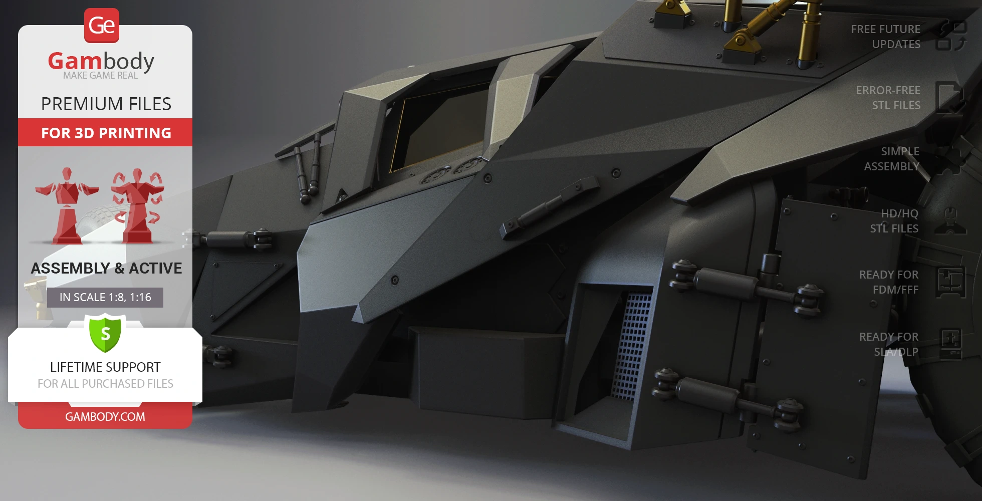 A detailed 3D model of the Tumbler vehicle from the Dark Knight series, available for 3D printing.