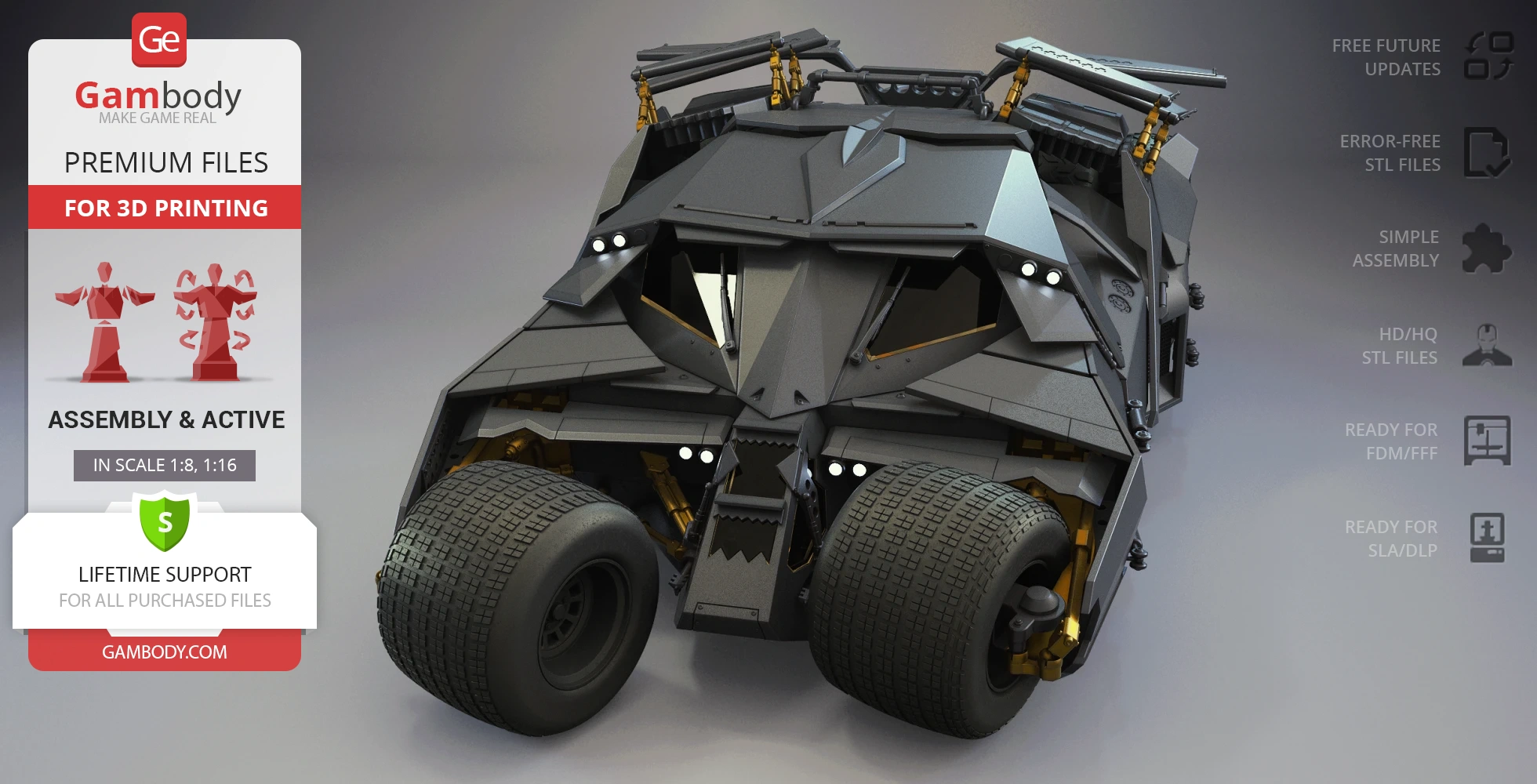 3D model of Batmobile Tumbler from 'The Dark Knight' for printing, detailed with large tires and angular armor.