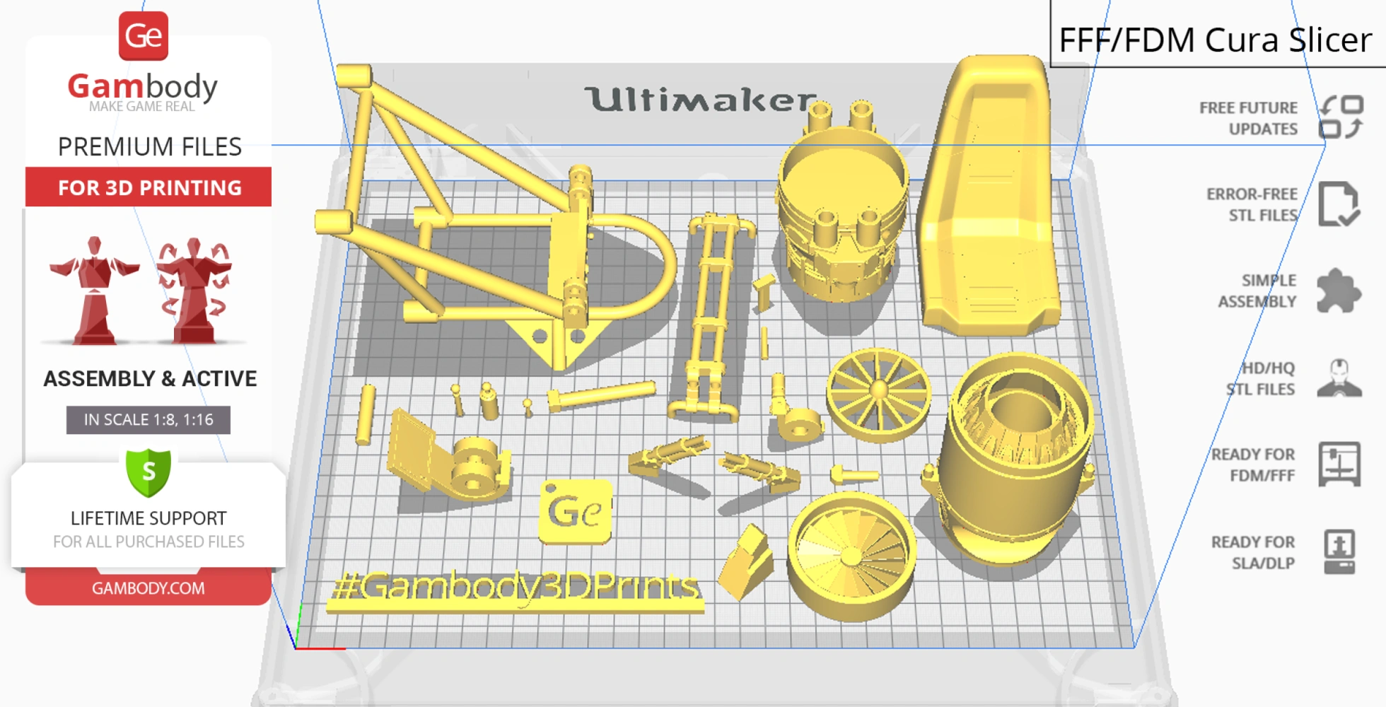 3D printing layout for The Tumbler model parts, displayed on a slicing program interface.