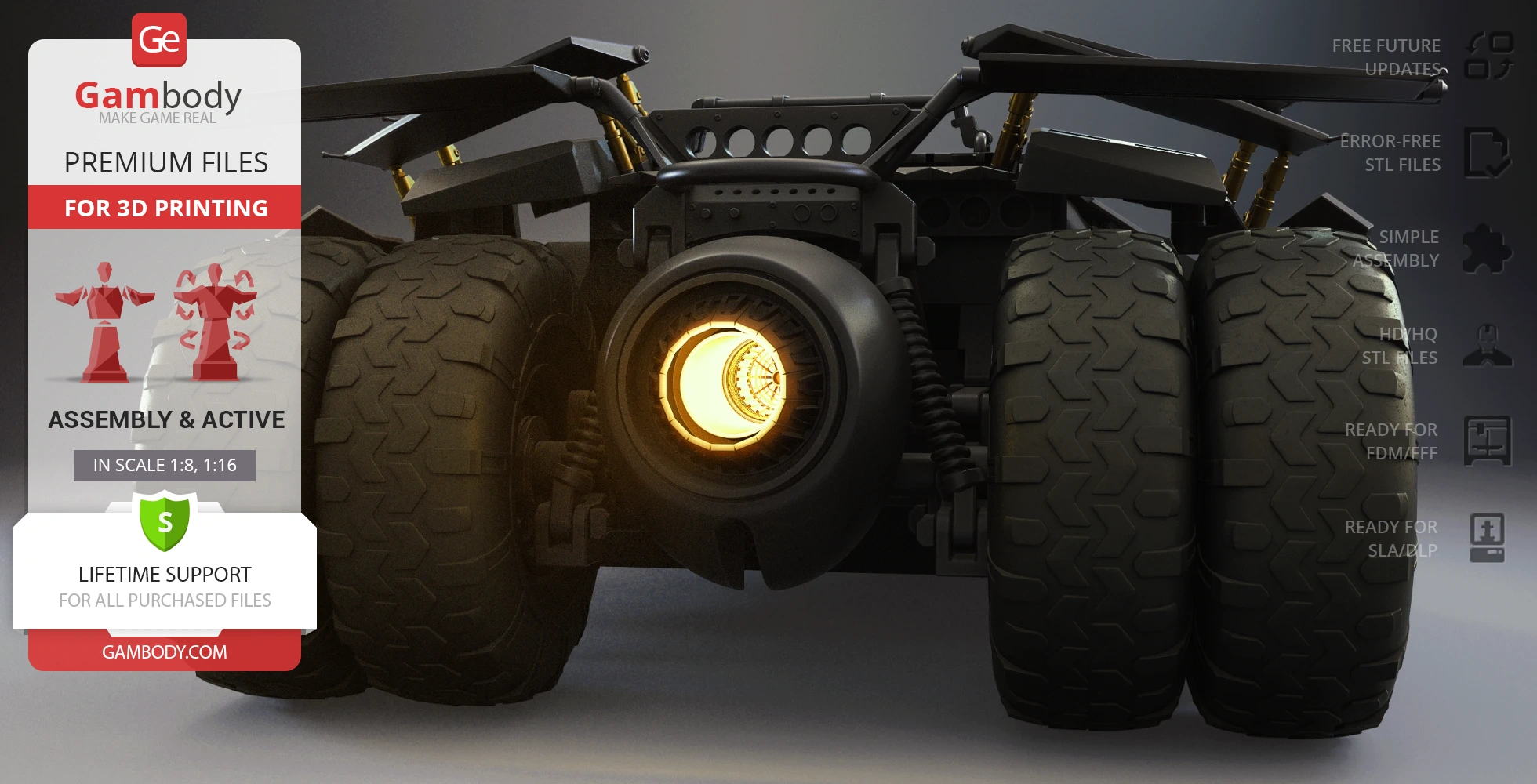 A 3D model of the Tumbler vehicle from the Dark Knight series, displayed for 3D printing on Gambody.