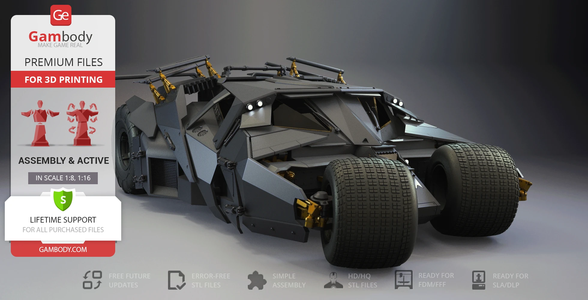 Futuristic armored vehicle model for 3D printing, inspired by the Dark Knight films.