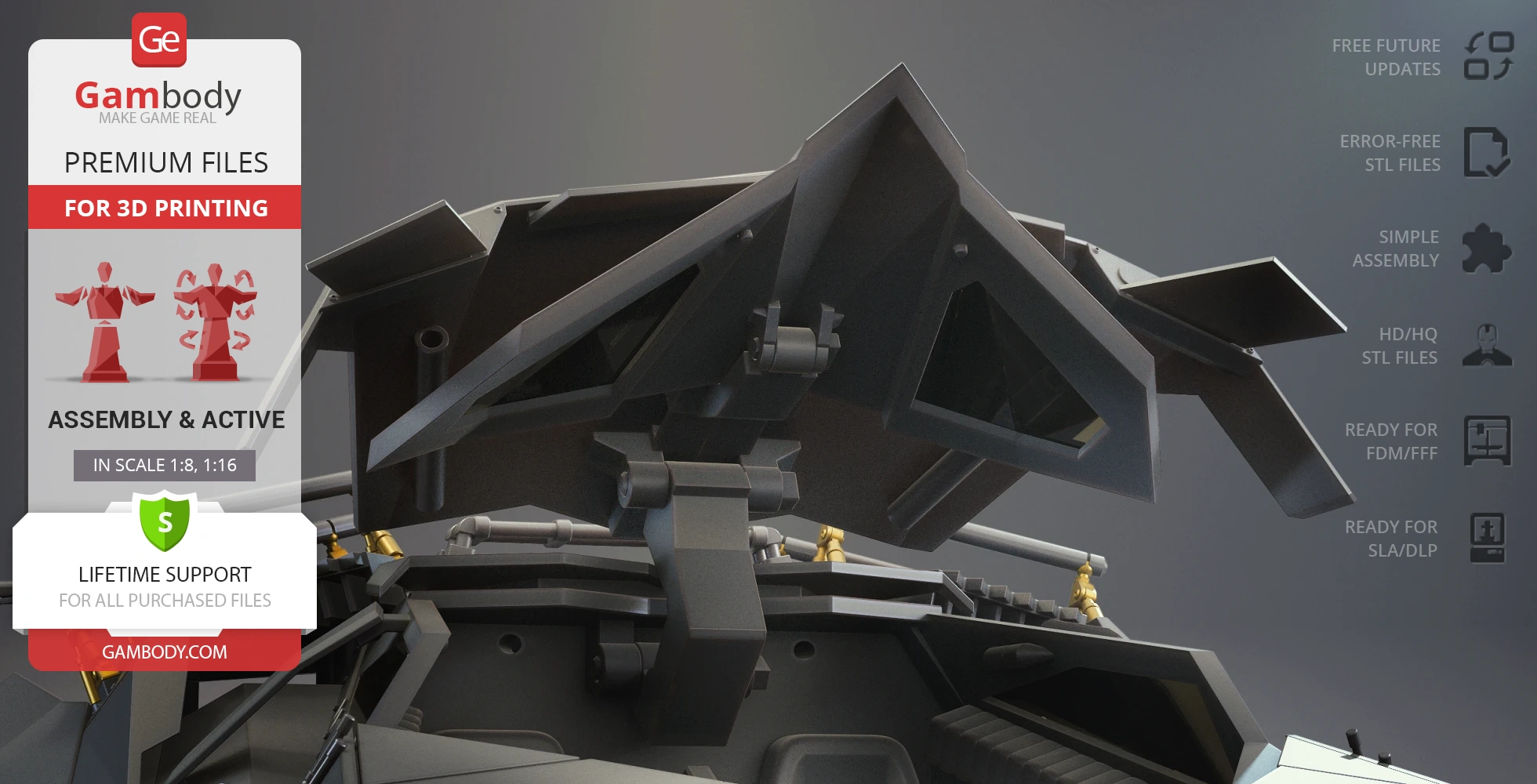 A detailed 3D model of the Dark Knight's Tumbler, highlighting intricate parts for printing and assembly.
