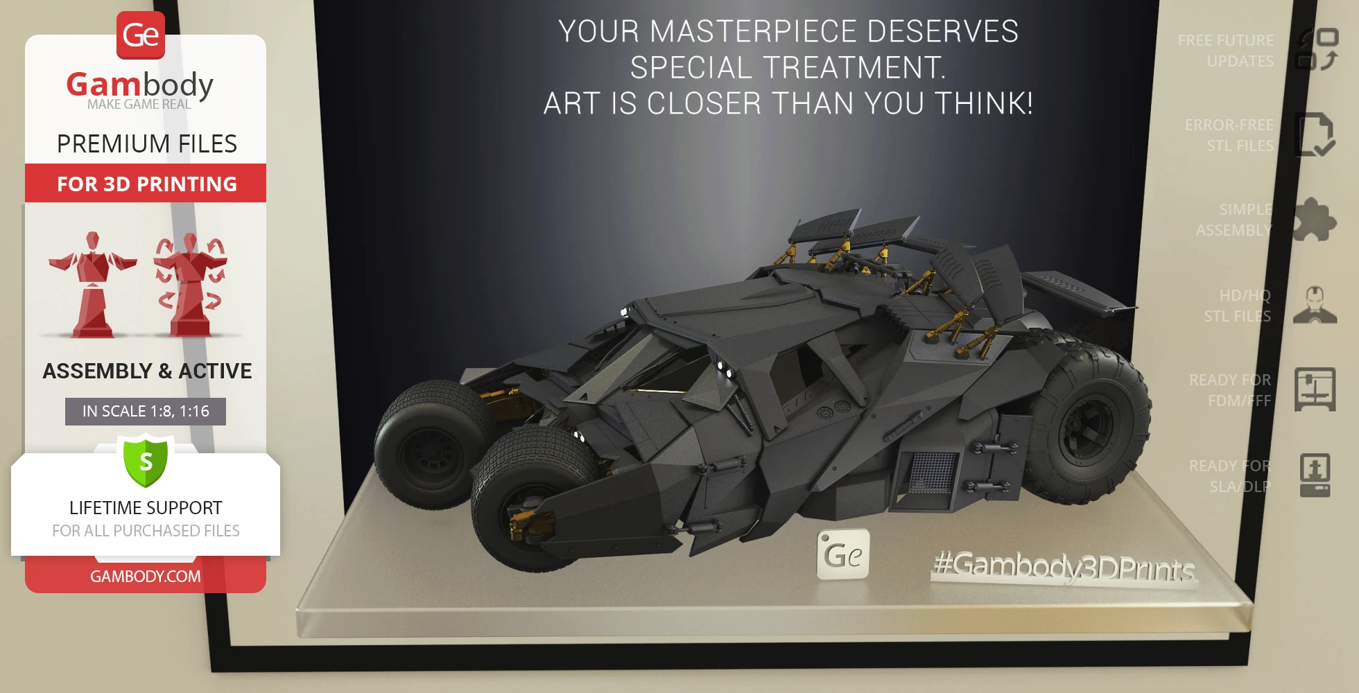 A detailed 3D model of the Tumbler vehicle from the Dark Knight series, designed for 3D printing.