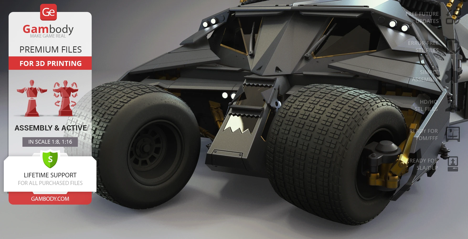 The image shows a detailed 3D model of the Tumbler from Dark Knight, designed for 3D printing.