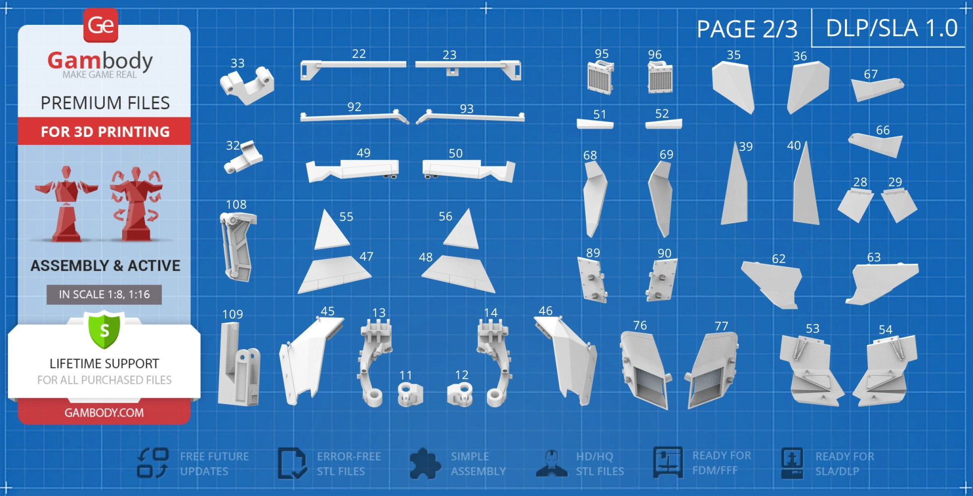 Blueprint layout of 'The Tumbler' 3D model parts for printing, showing individual component pieces.