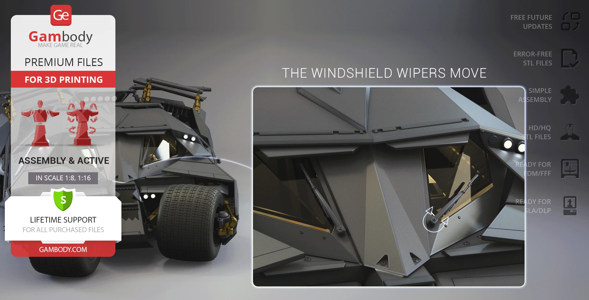 A 3D model of the Tumbler from Dark Knight, highlighting movable windshield wipers for 3D printing.