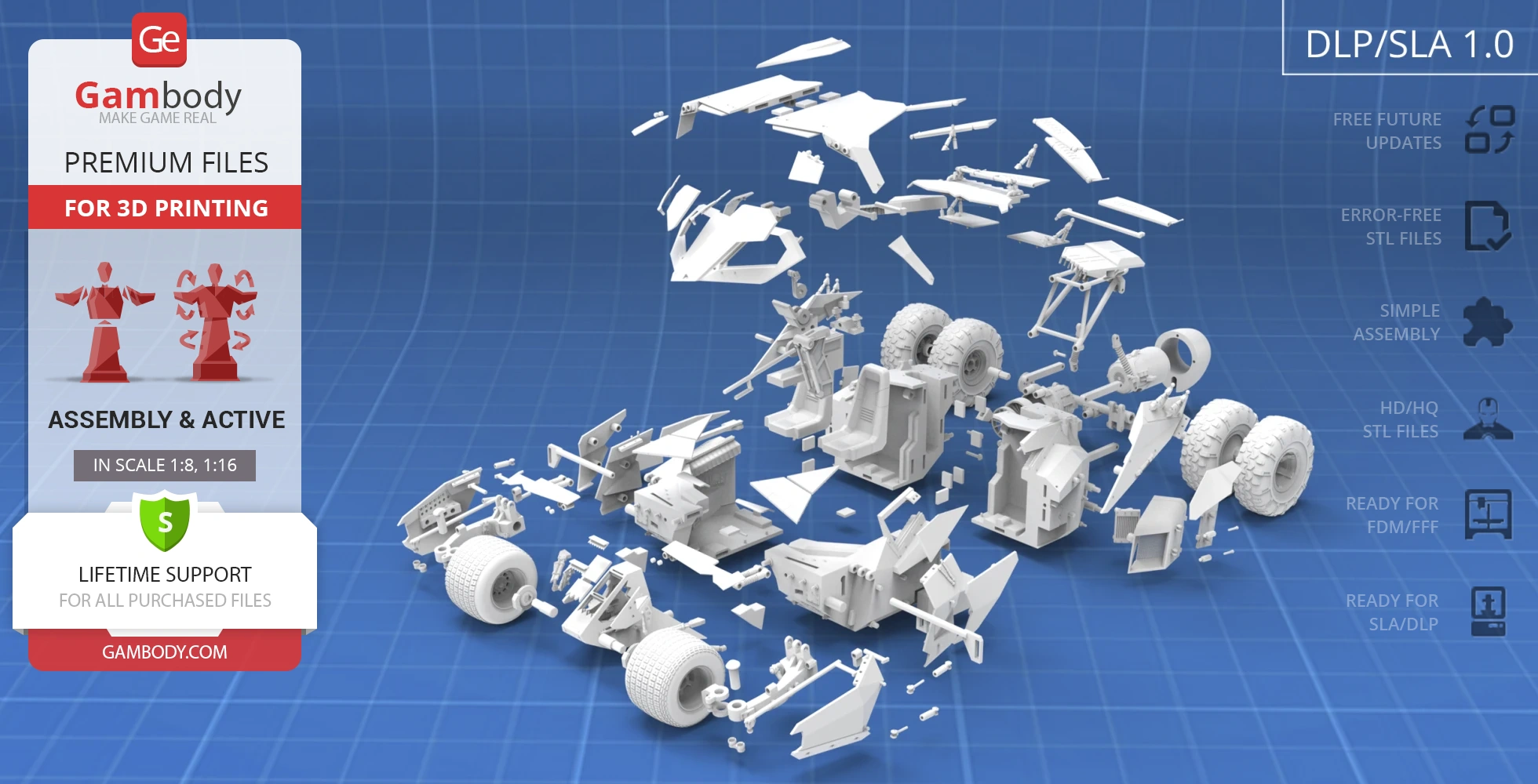 Disassembled 3D printable parts for the Tumbler from The Dark Knight, displayed on a grid background.