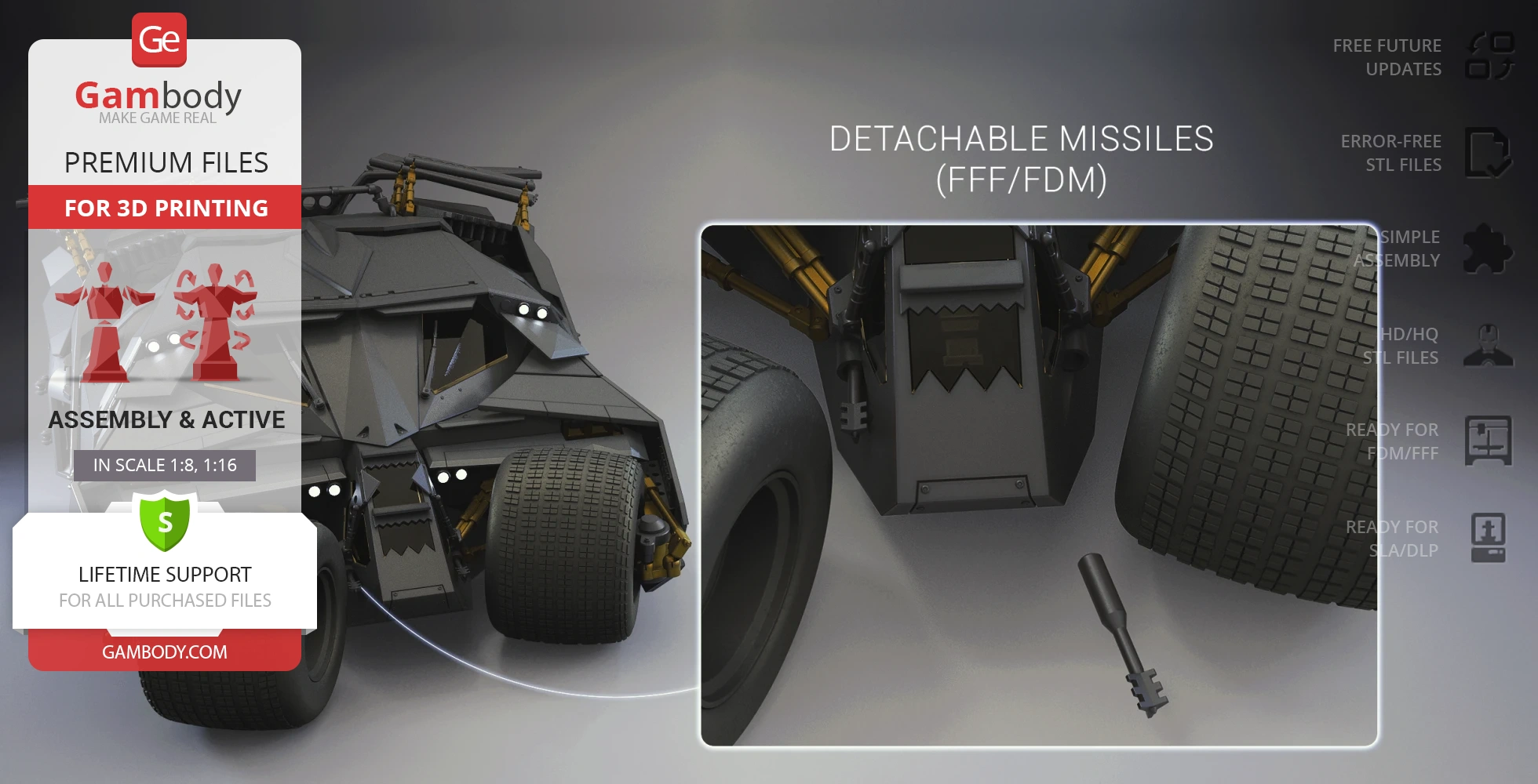 3D model of the Tumbler from Dark Knight with detailed detachable missiles for printing.
