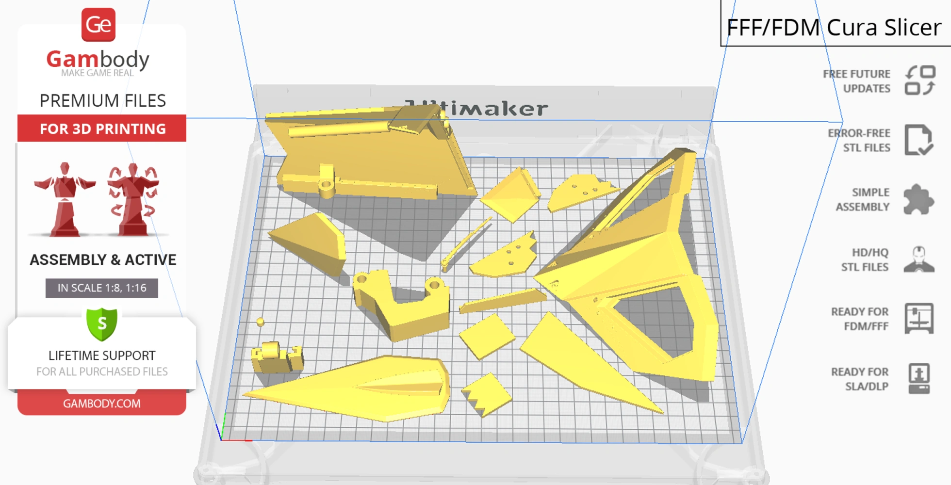 3D printing layout of Tumbler parts in a slicing software, highlighted in yellow on a grid surface.