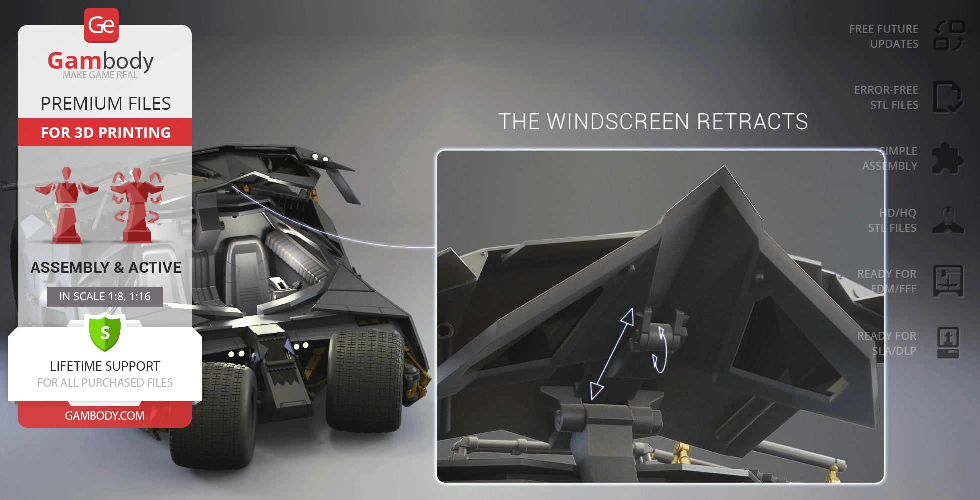 3D model of the Tumbler from Dark Knight with retractable windscreen, available for printing at Gambody.
