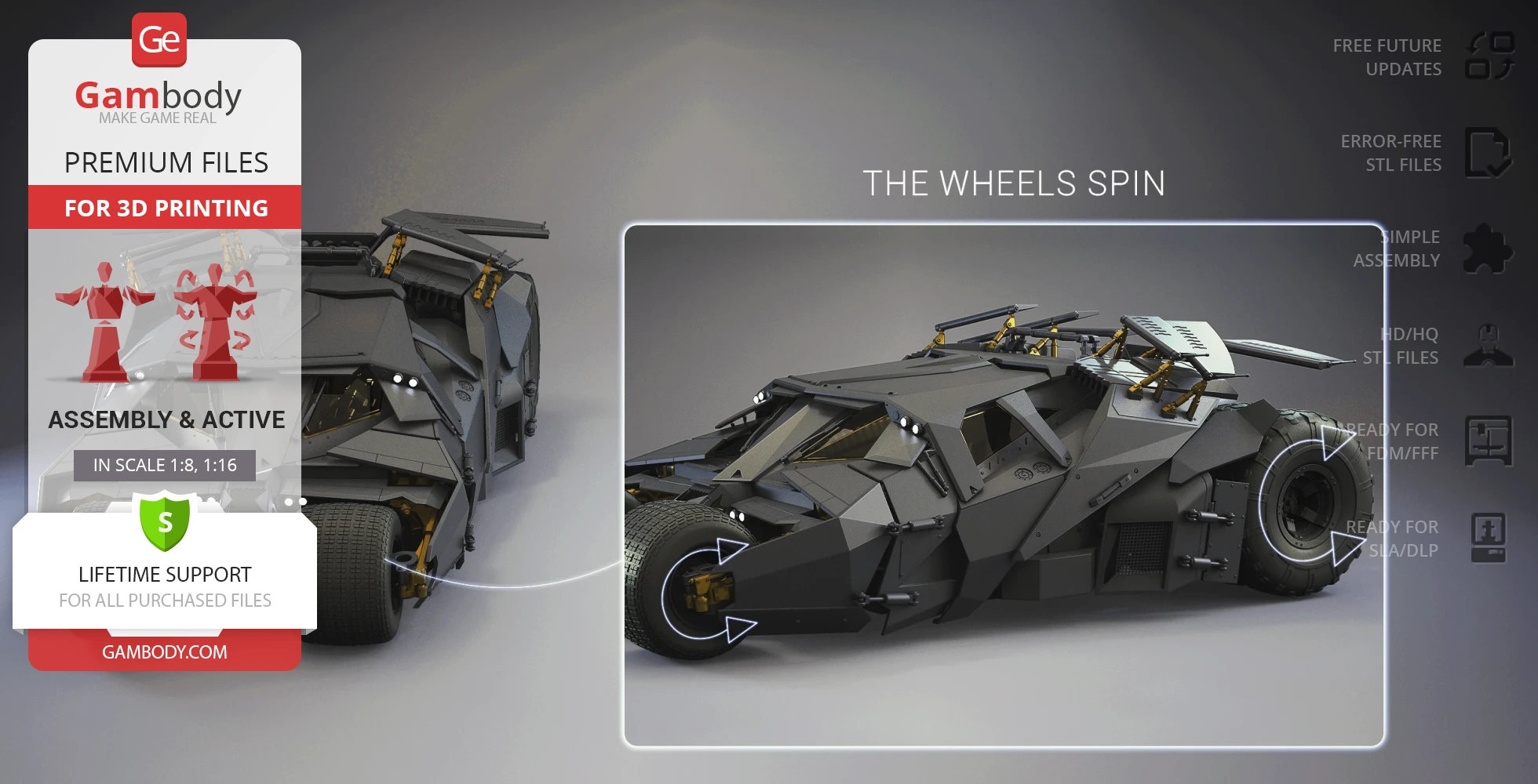 Futuristic armored vehicle model for 3D printing, showcasing detailed design and spinning wheels.