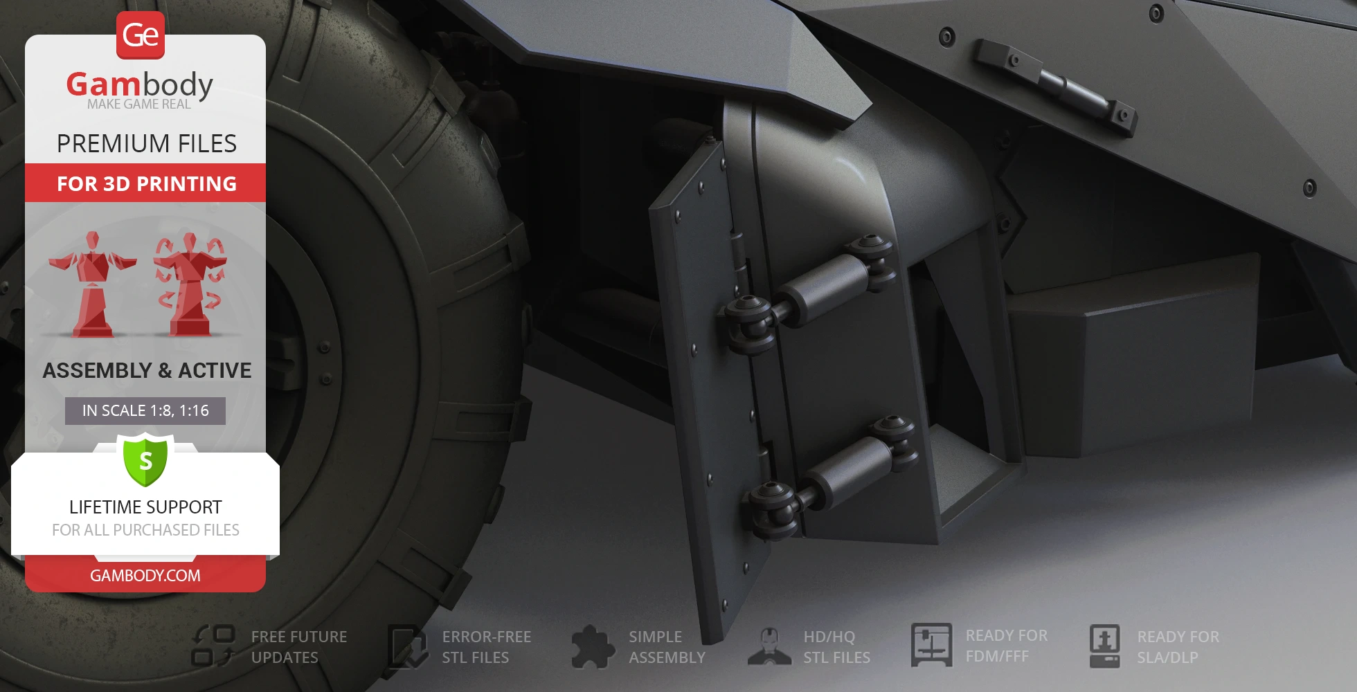 A close-up of a detailed wheel and side panel of the Tumbler vehicle model from the Dark Knight series.