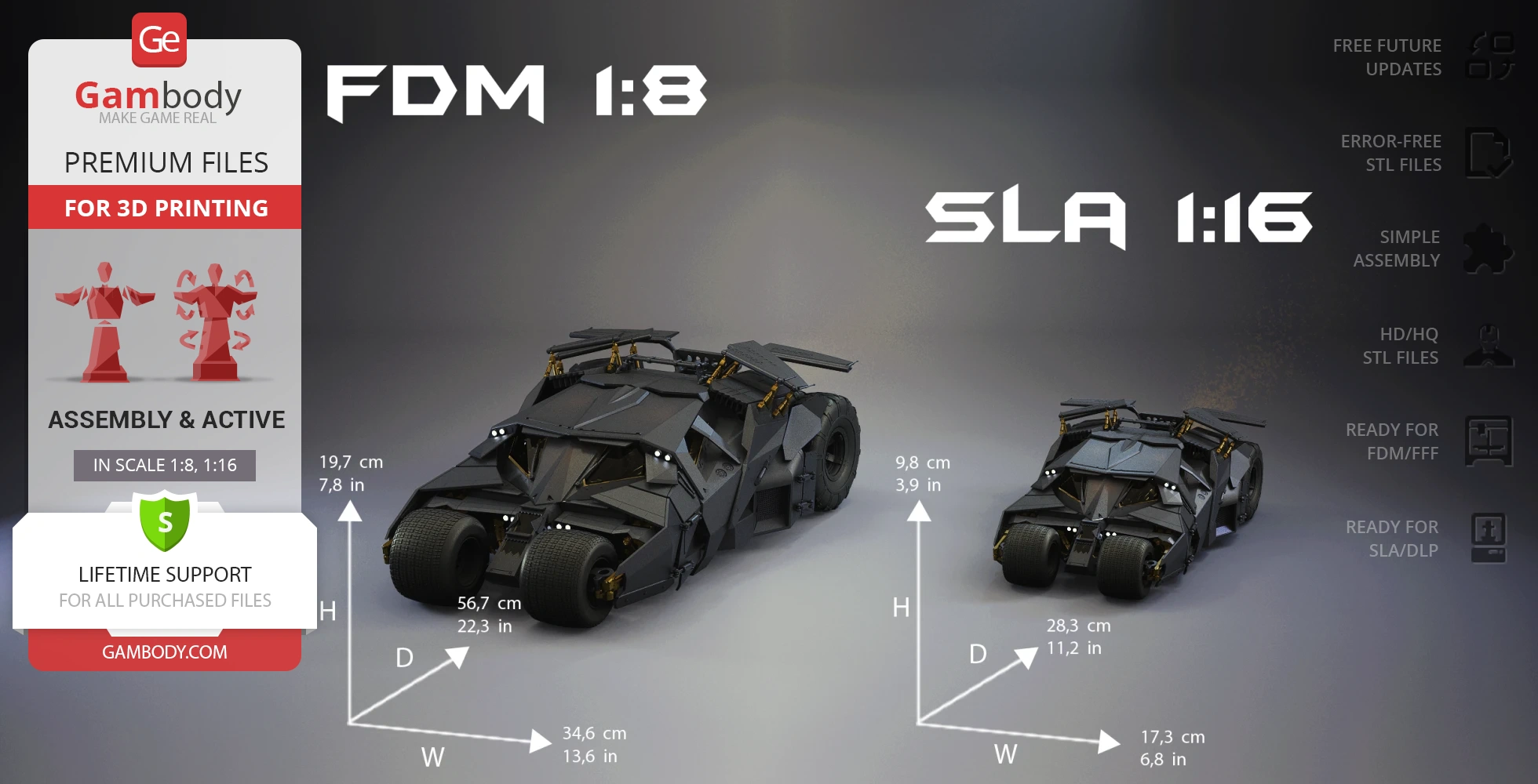 Two detailed 3D models of the Dark Knight Tumbler, scaled 1:8 and 1:16, shown with dimensions.
