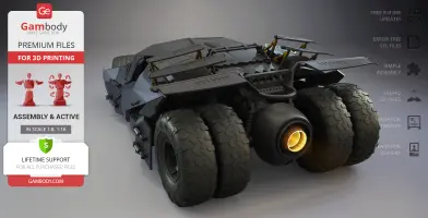 A 3D model of the Batmobile Tumbler from the Dark Knight, optimized for printing with detailed back view.