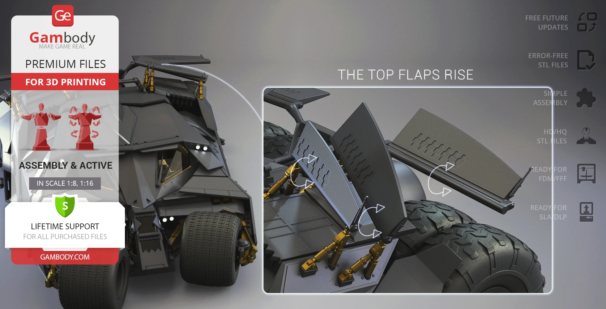 Detailed 3D model of The Tumbler from Dark Knight, featuring adjustable top flaps and assembly instructions.
