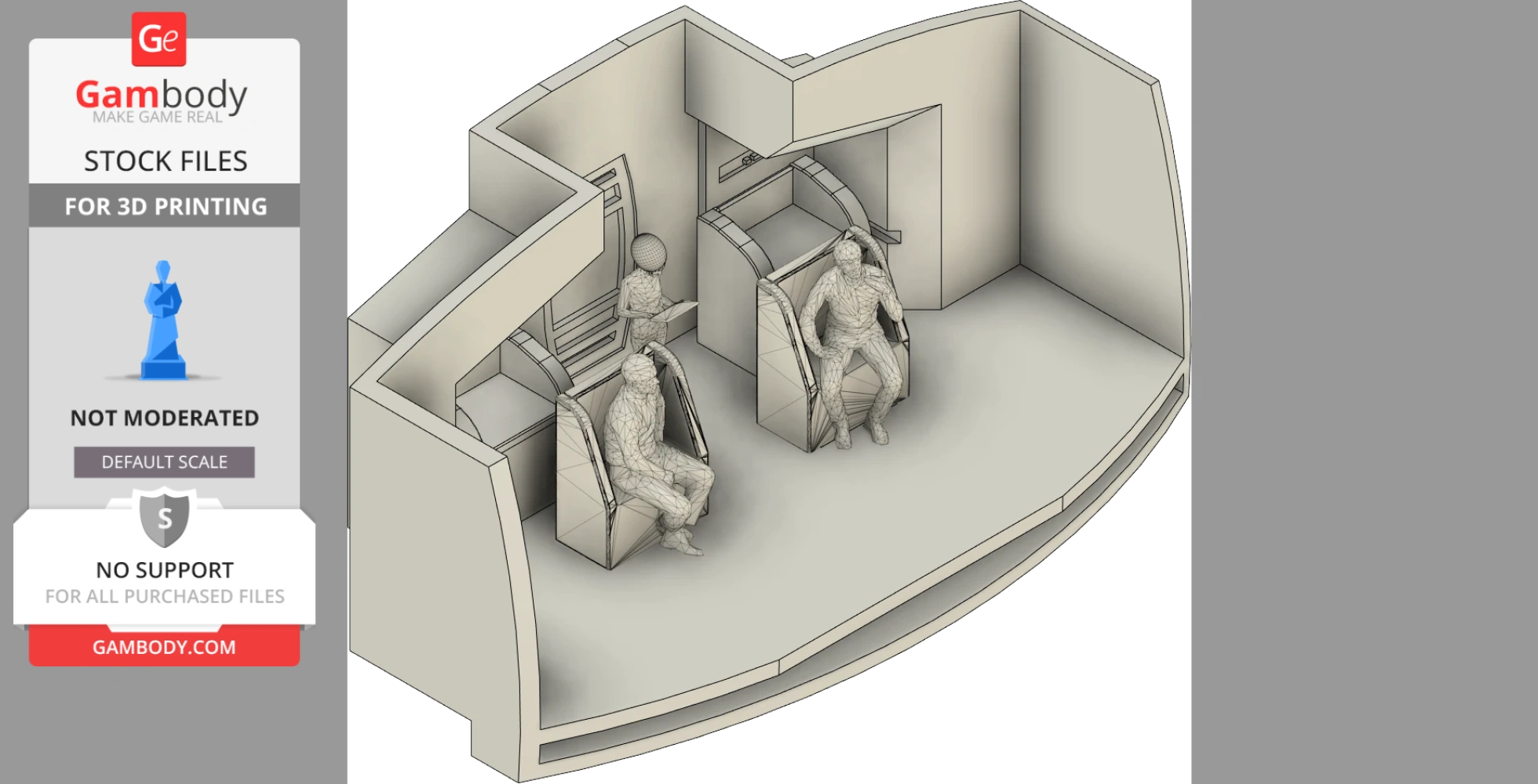 Futuristic spaceship interior with three seated low-poly figures in a curved room.