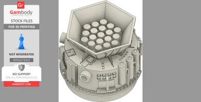 Futuristic hexagonal spacecraft model with cylindrical structures and mechanical details for 3D printing.