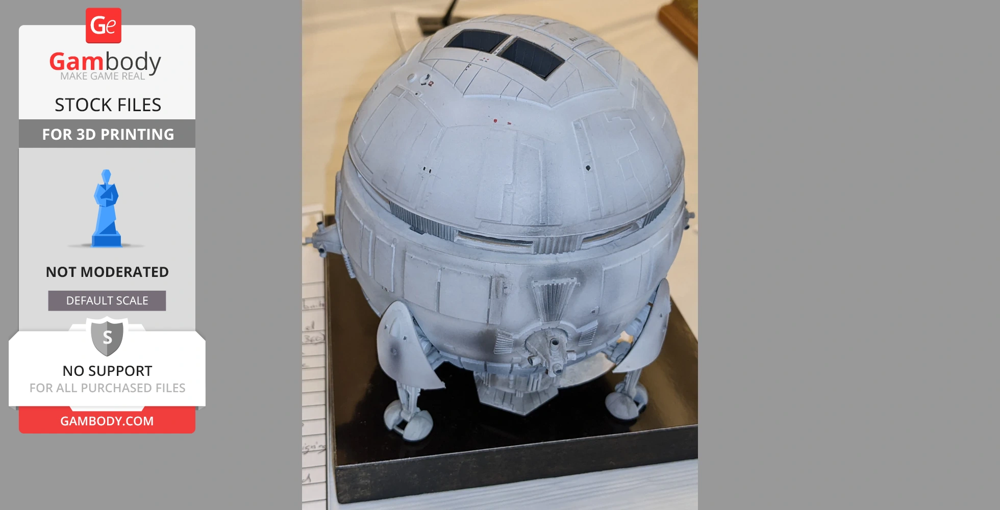 A spherical lunar carrier model with landing gear, designed for 3D printing, displayed on a stand.