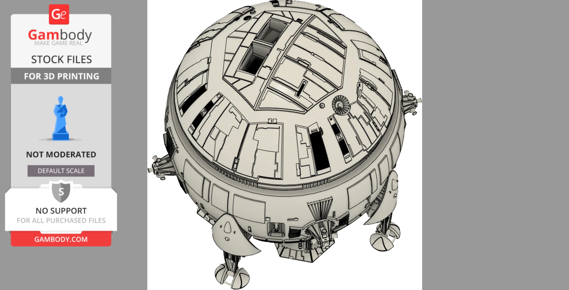Spherical lunar carrier model with intricate surface details and landing gear for 3D printing.