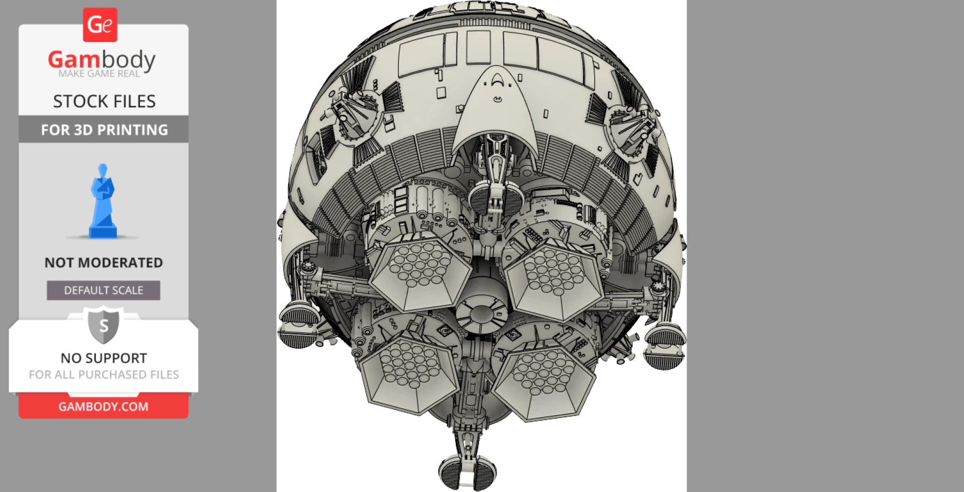 Detailed model of a futuristic lunar carrier spacecraft with engines and intricate surface designs.