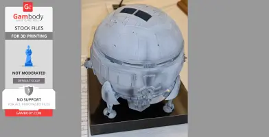 A spherical lunar carrier model with landing gear, designed for 3D printing, displayed on a stand.