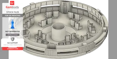 Circular spacecraft interior with seats, control panels, and a central cylinder. 3D printing model.