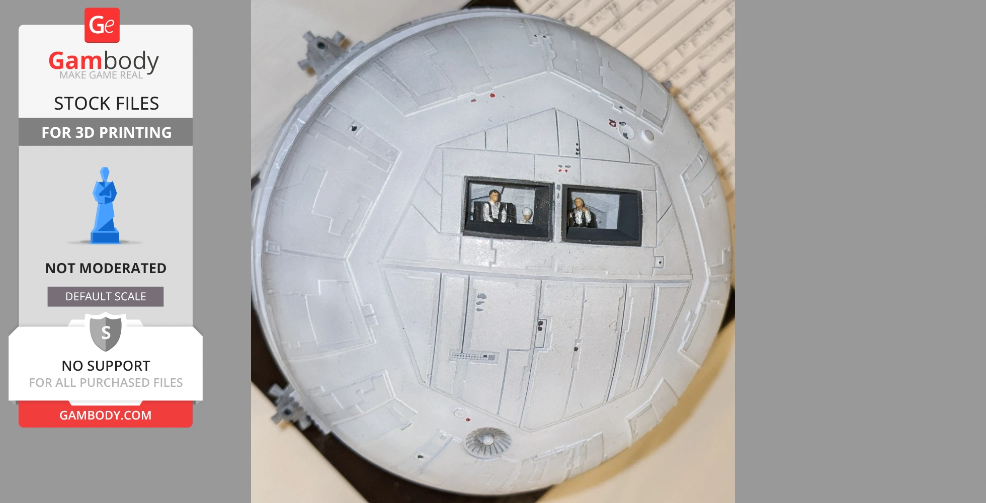 Circular lunar spacecraft model with windowed cockpit, detailed exterior panels.