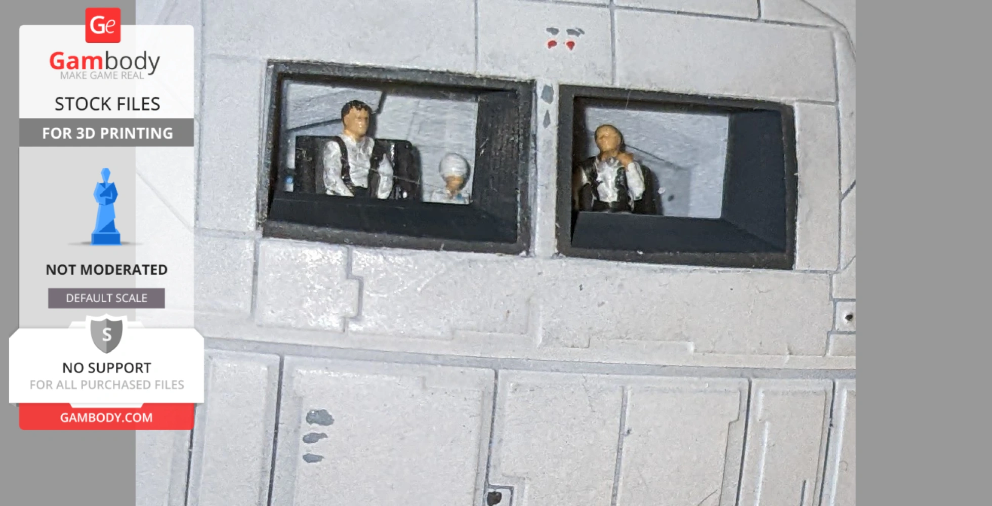 Model of a spaceship cockpit with three seated figures visible through rectangular windows.