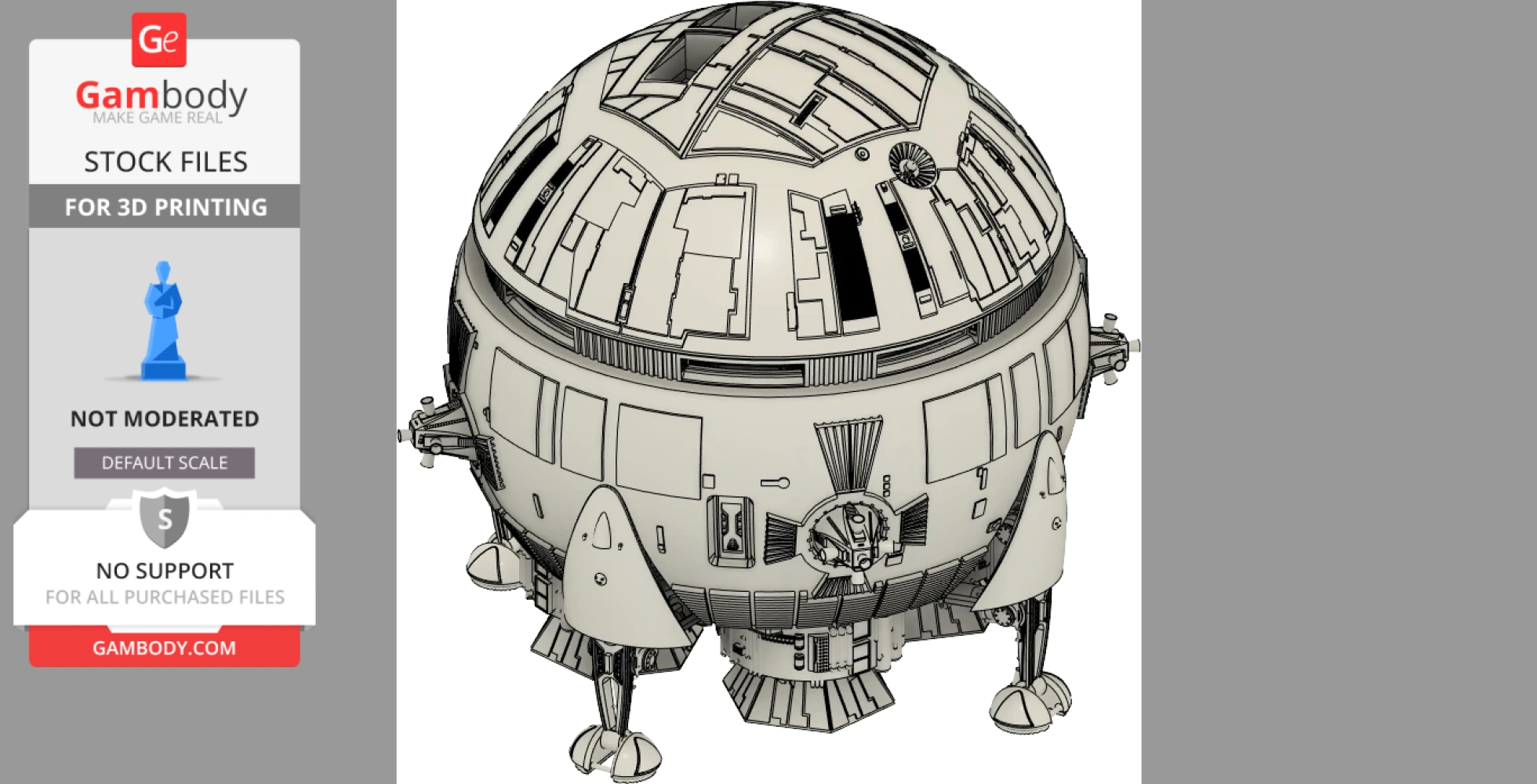 Highly detailed, spherical lunar spacecraft model with landing gear, designed for 3D printing.
