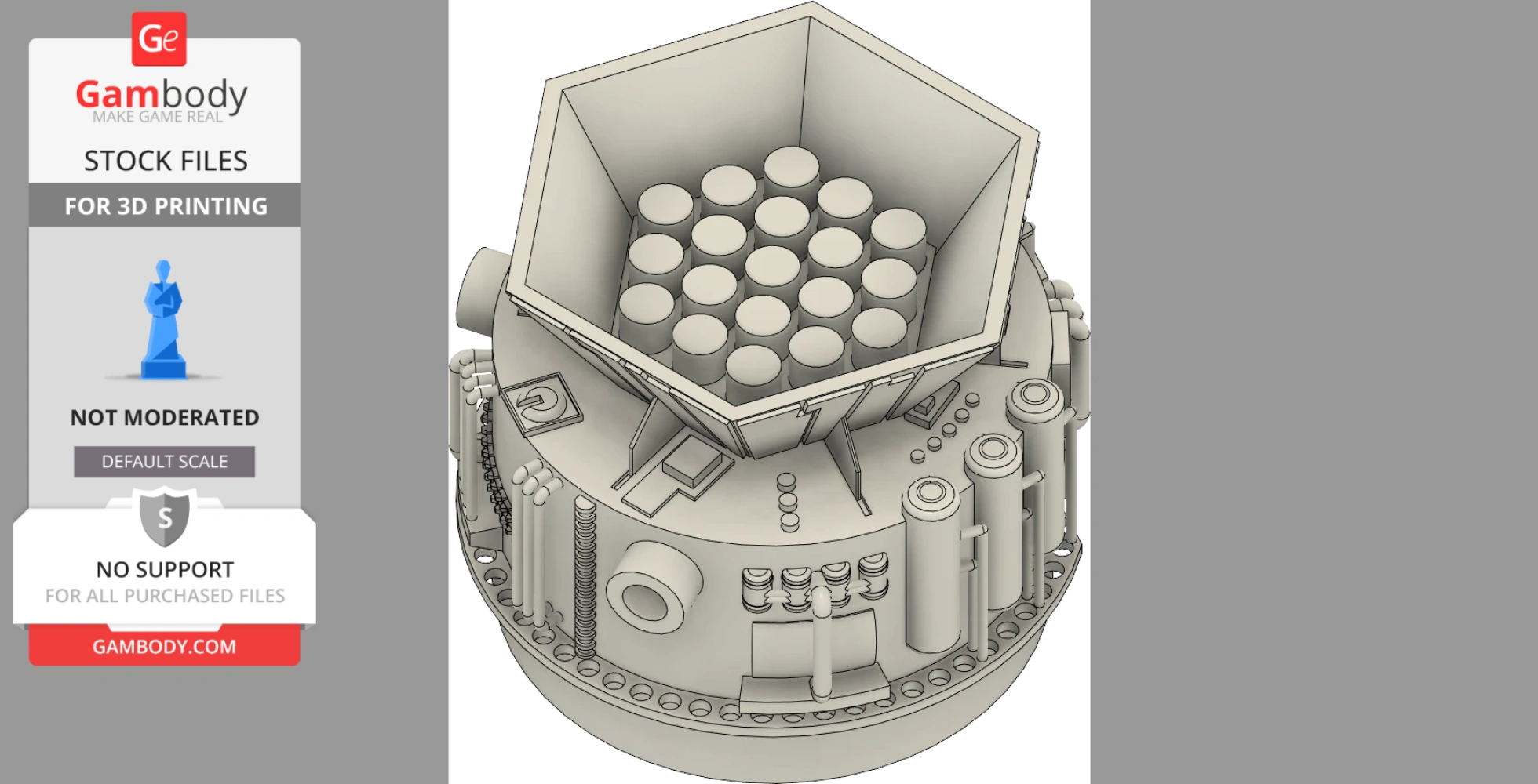 Futuristic hexagonal spacecraft model with cylindrical structures and mechanical details for 3D printing.