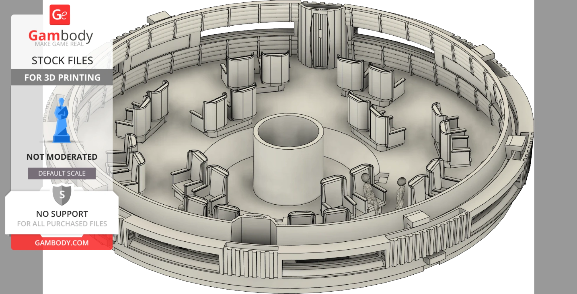 Futuristic circular spacecraft interior with seating and central column for 3D printing.