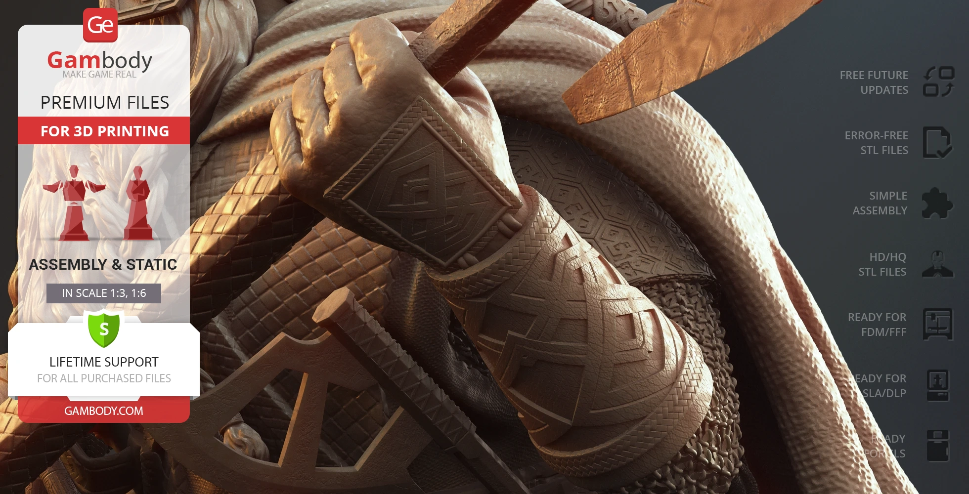 Close-up of a detailed 3D printable bust, showing a hand gripping a weapon with intricate armor patterns.