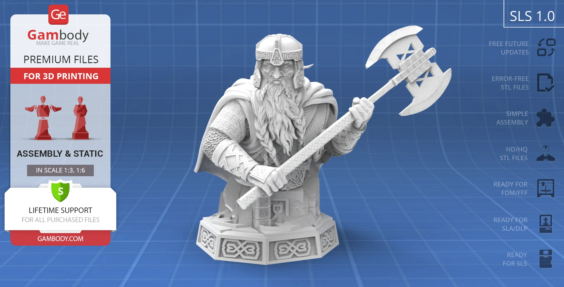A detailed bust of a bearded warrior holding an axe, suitable for 3D printing.