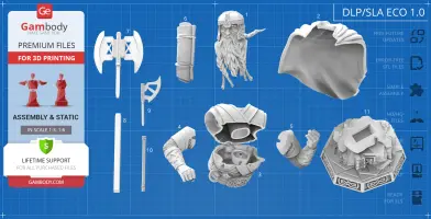 Collection of 3D-printable Gimli bust parts, including head, arms, and axes, for assembly.