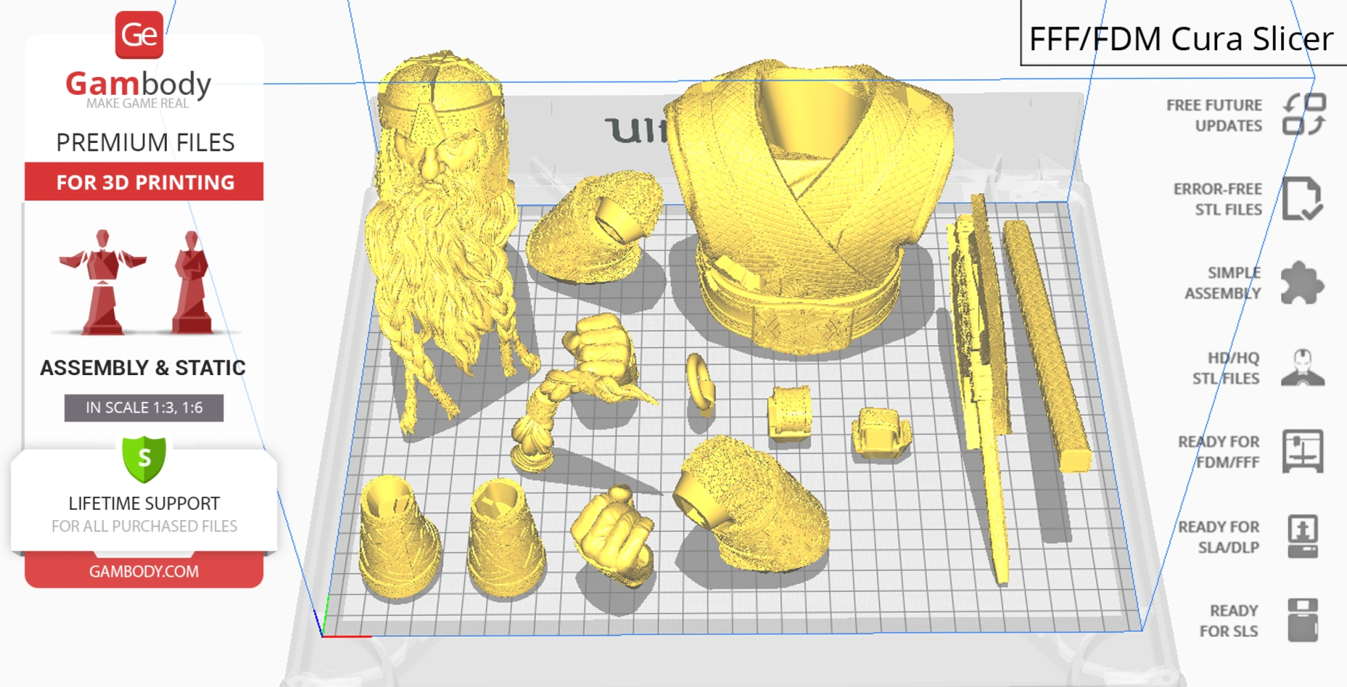3D model parts of a Gimli bust, including head, torso, arms, and accessories, ready for printing.