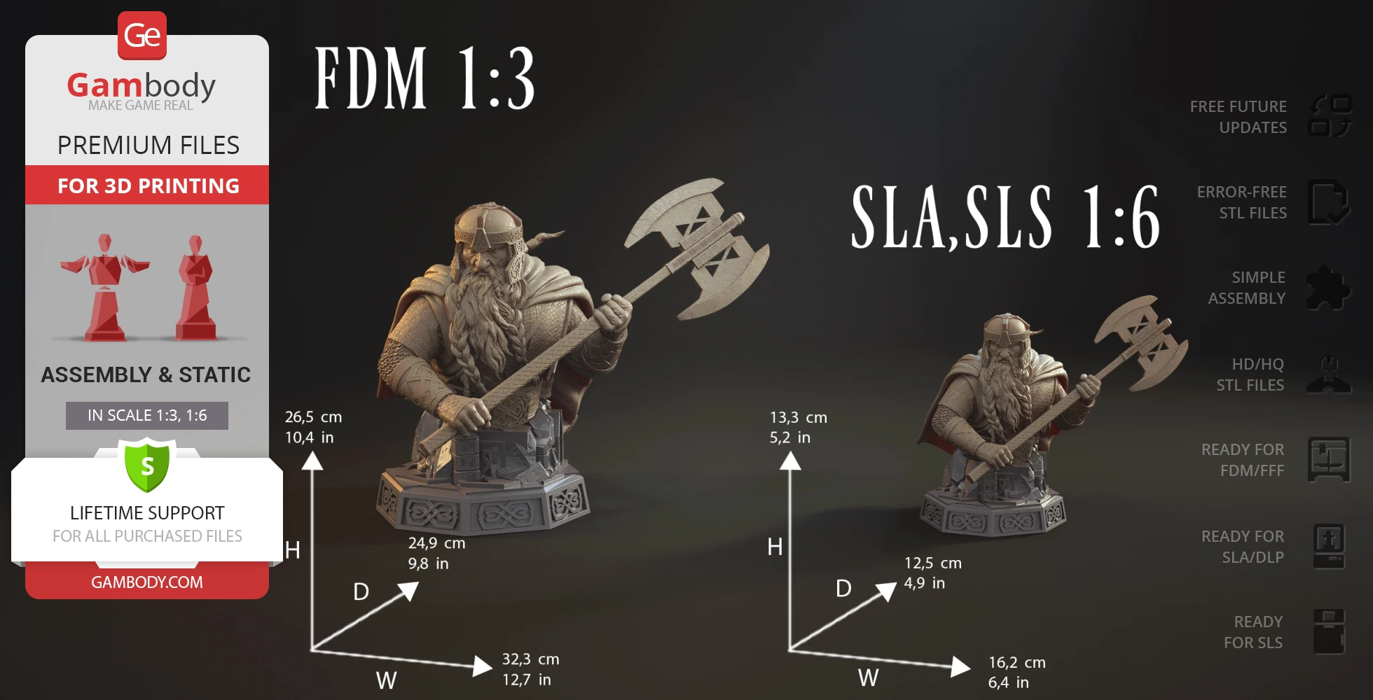 3D printable Gimli bust with axe, available in two scales: FDM 1:3 and SLA, SLS 1:6.