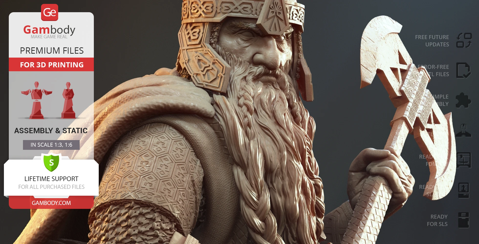 Detailed bust of a bearded warrior with a helmet, holding an intricately carved axe.