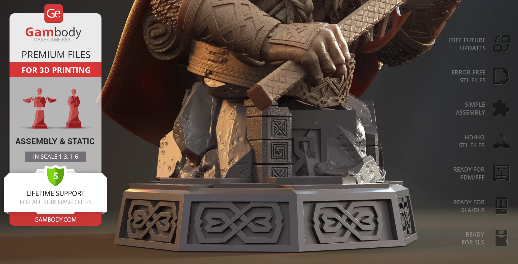 A detailed 3D printable bust of a warrior gripping an axe, mounted on a decorated base.