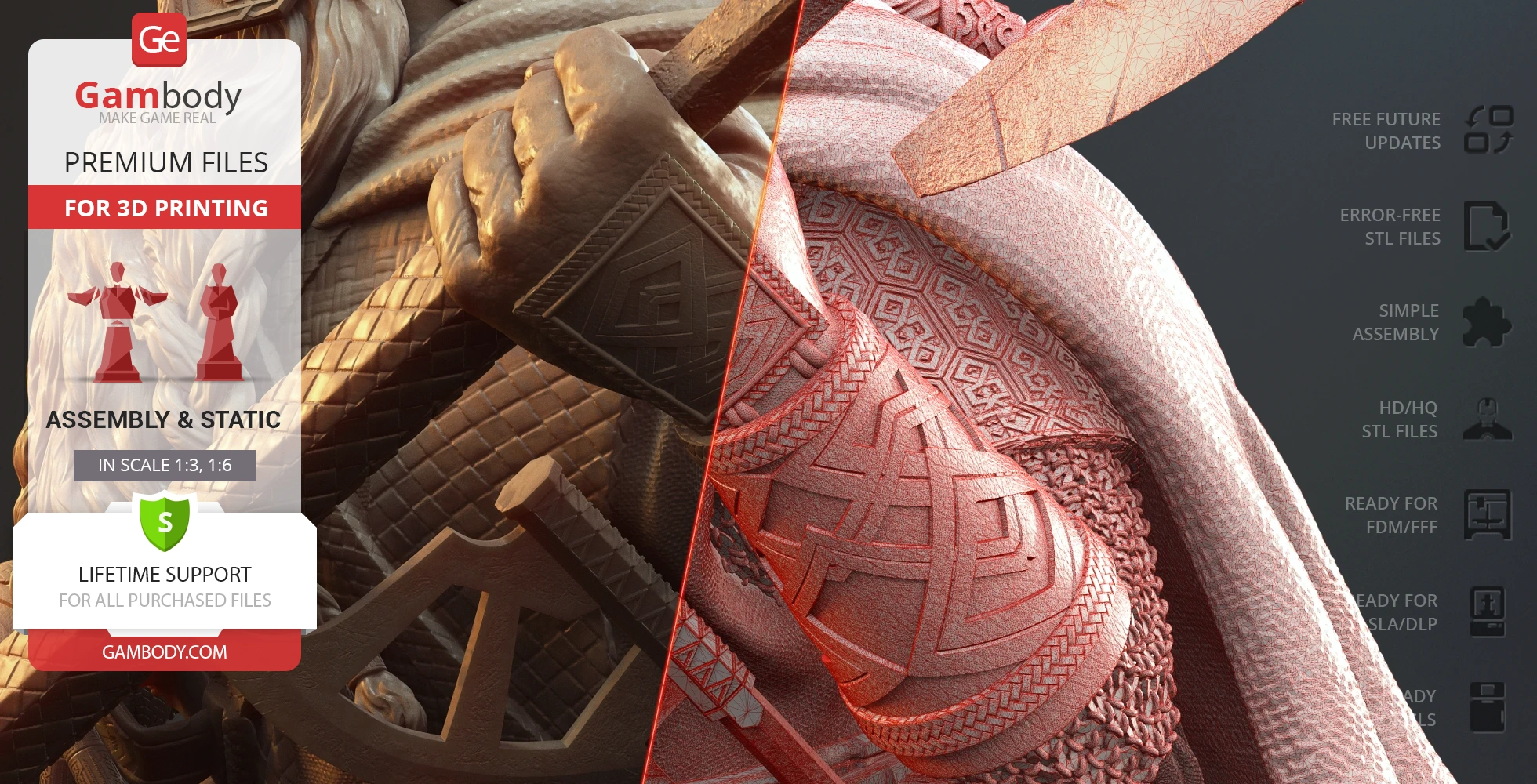 A detailed close-up of a 3D printable bust with ornate armor textures and a visible axe handle.