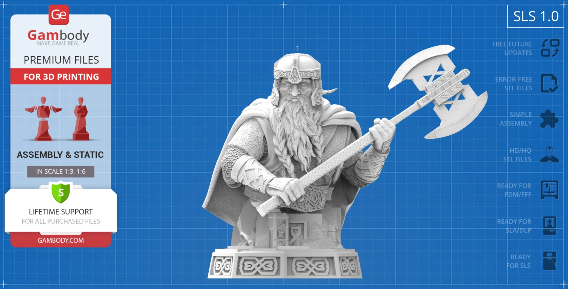 3D model of a dwarf warrior bust holding an elaborate axe, designed for 3D printing.