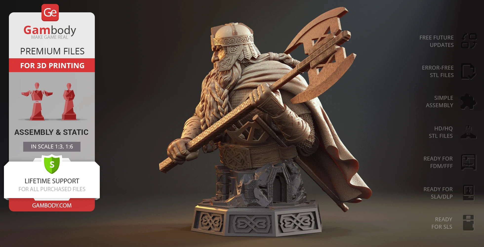 A detailed dwarven warrior bust with an axe and intricate armor, designed for 3D printing.