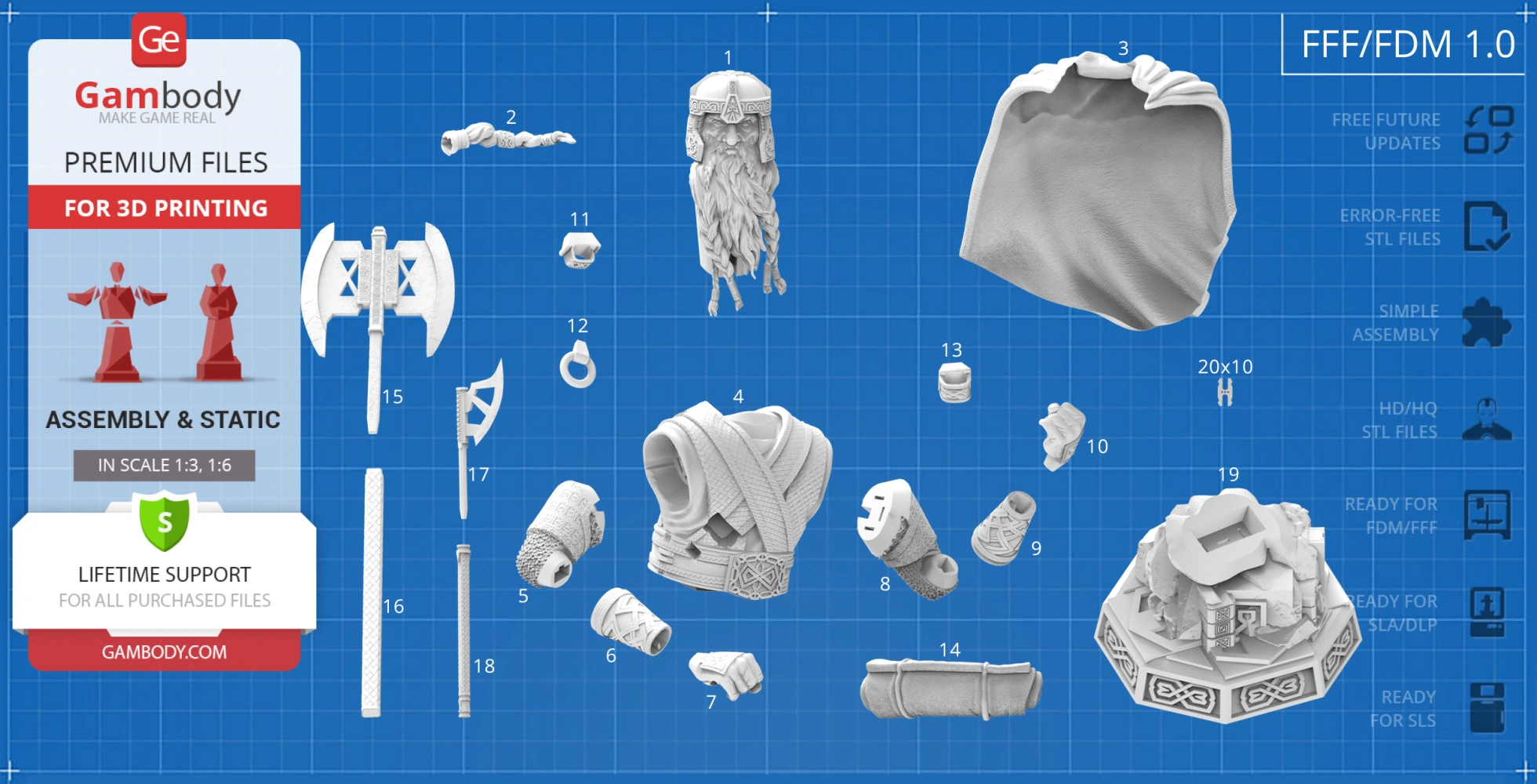 3D model parts for assembling a detailed bust of a bearded warrior with armor and weapons.