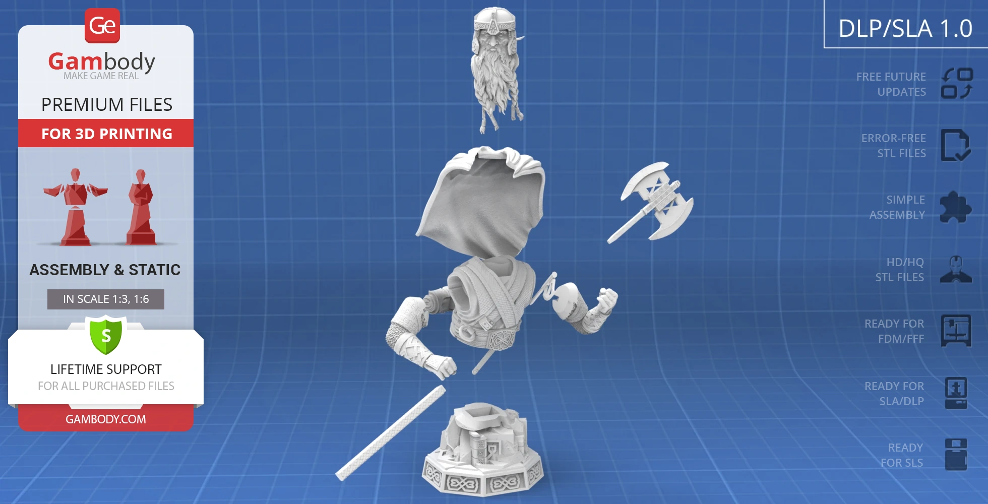 3D printable model of a hooded bust, with a detailed beard, arms holding an axe, and ornate base.