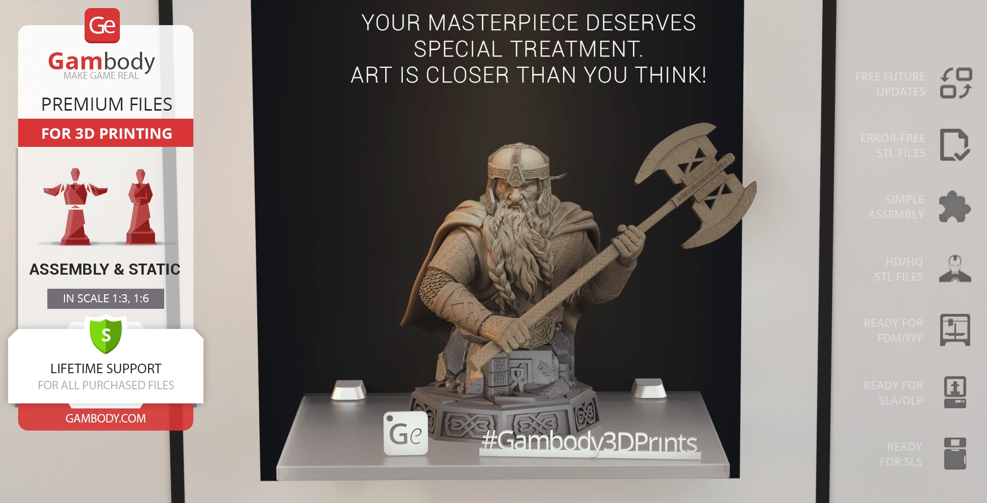 A detailed bust of a bearded warrior with an axe, designed for 3D printing, displayed on a pedestal.