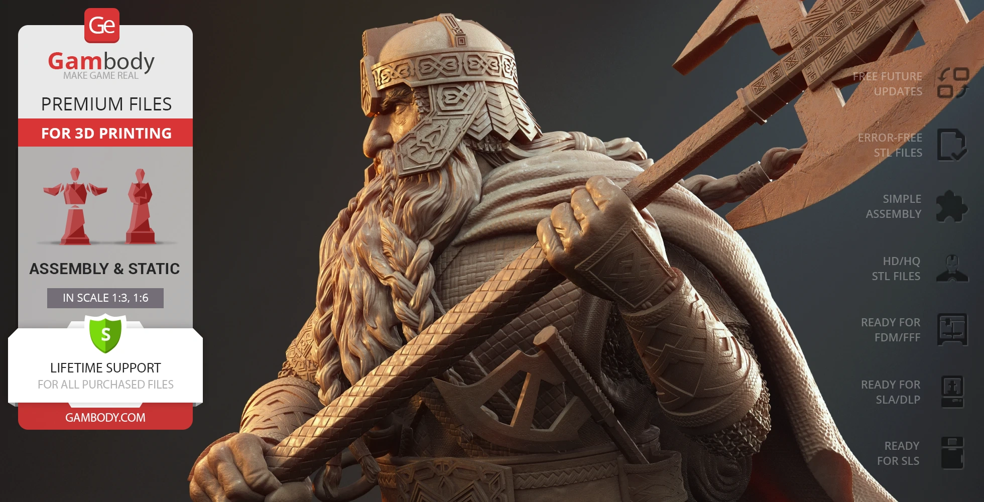 A detailed 3D-printed bust of a warrior with an axe, featuring intricate armor and helmet design.