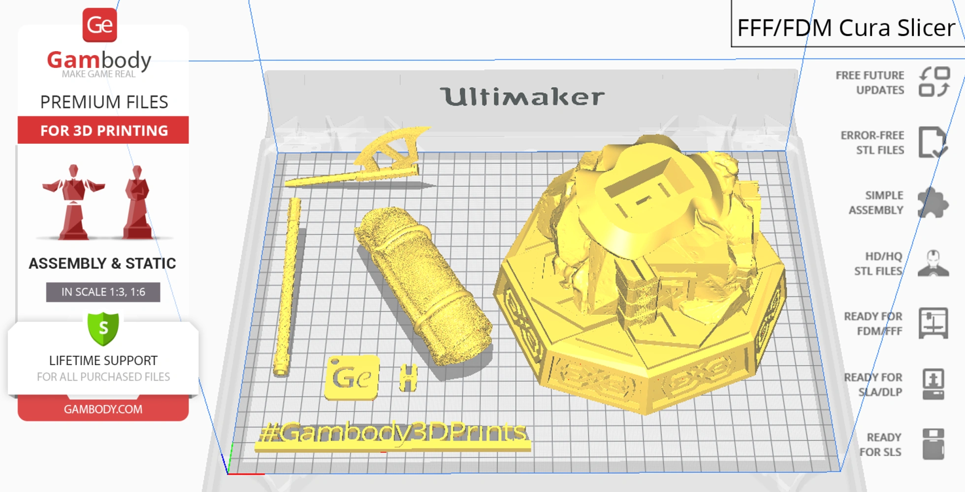 3D model parts for a Gimli bust displayed on a Ultimaker Cura slicer grid, ready for printing.